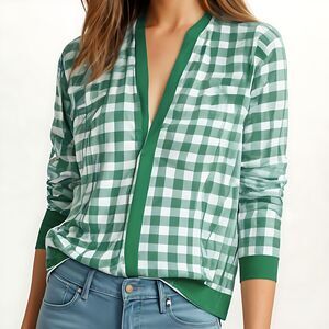 Ann Taylor Women’s Green/White Check Open Cardigan Size L